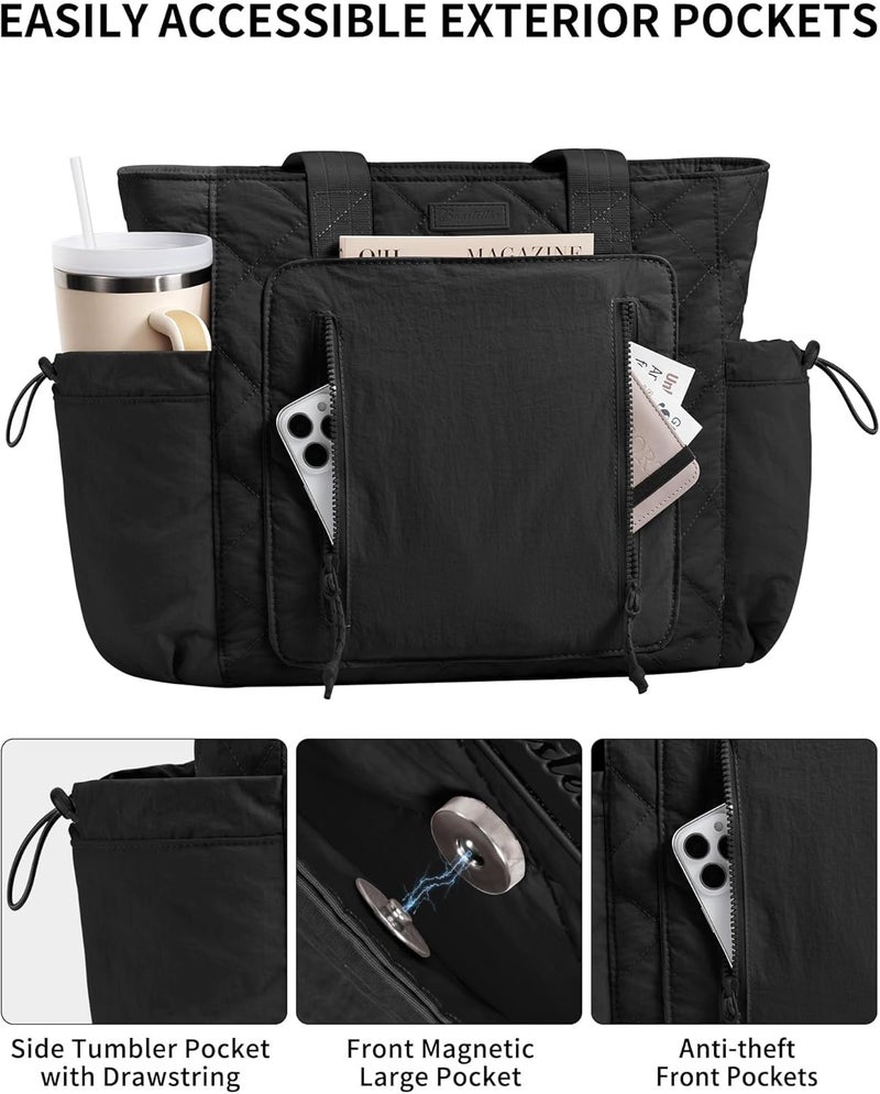 Bagstellar Puffer Tote Bag for Women, Lightweight Puffy Work Laptop Handbag Teacher Nurse Quilted School Daily Travel Gym Bag | Durable, with Zipper, 15.6" Laptop Sleeve, Large Tumbler Holder, Daily Carry On Bags, Comfy College Bags, Portable, Spacious - Image 4